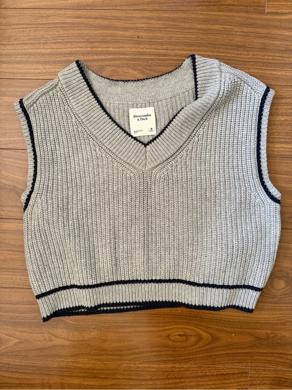 Abercrombie & Fitch Light Gray Knit V-Neck Vest with Dark Trim